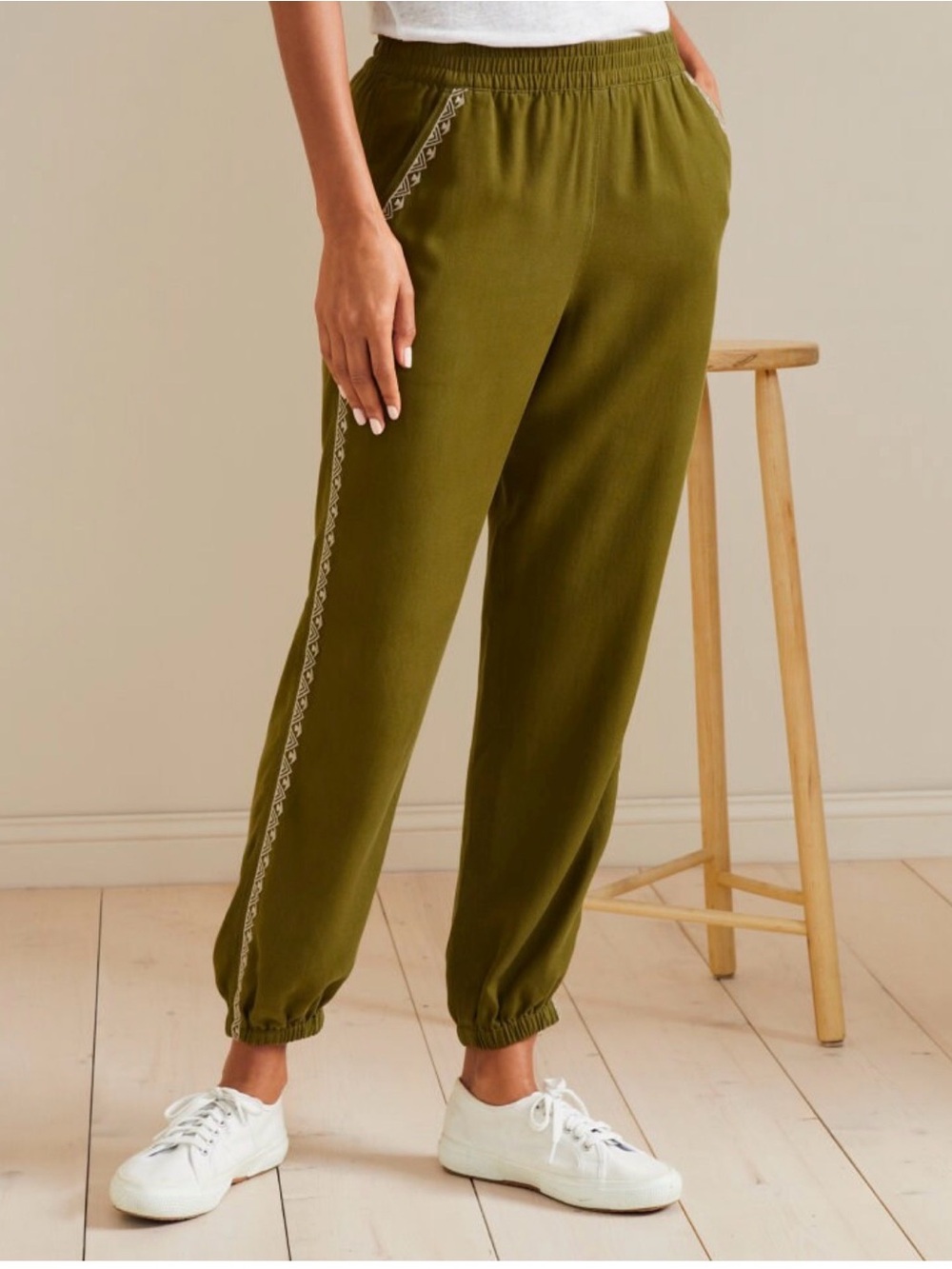 Garnet Hill TENCEL Linen‎ Embroidered Joggers Olive Green Medium